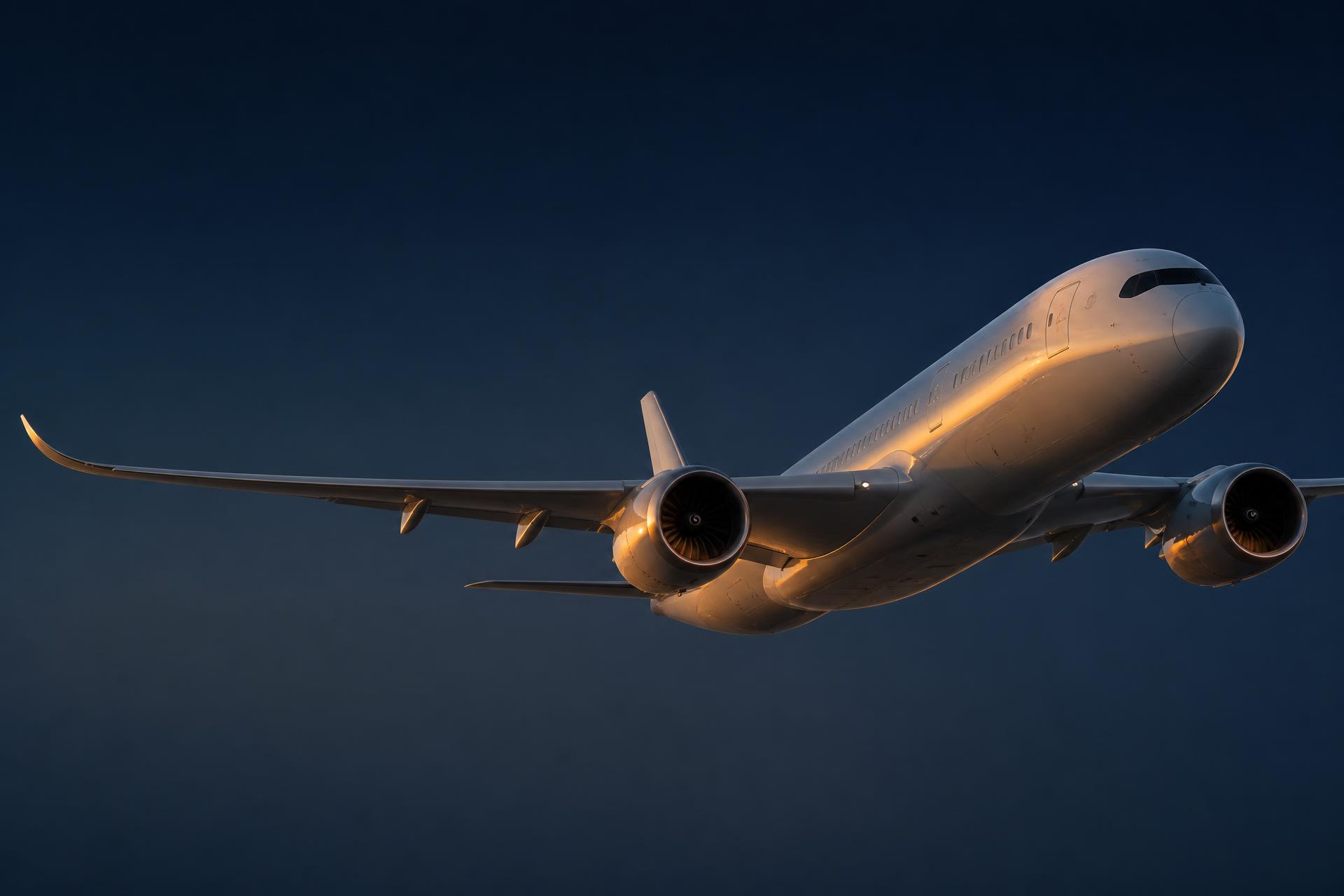 Modern commercial passenger jet at golden hour against a deep navy sky